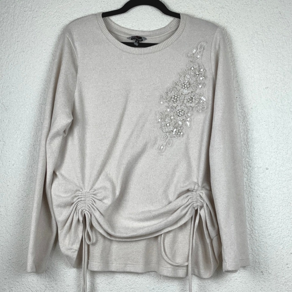 Love & Lace Beige Embellished Sweater - XL- Beaded Floral Cinched Hem Romantic